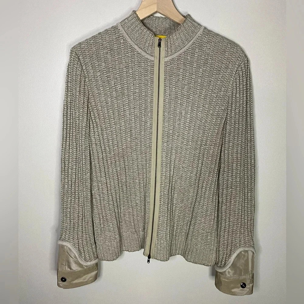 St. John women’s large tan zipper‎ sweater jacket beautiful neutral soft